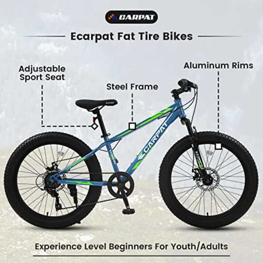 24 Inch Fat Tire Mountain Bike for Adults and Youth with Shimano 7 Speed