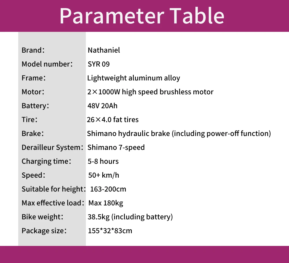 Nathaniel SYR09 E-Bike 2000W Dual Drive 26x4.0 Fat Tire 48V20AH