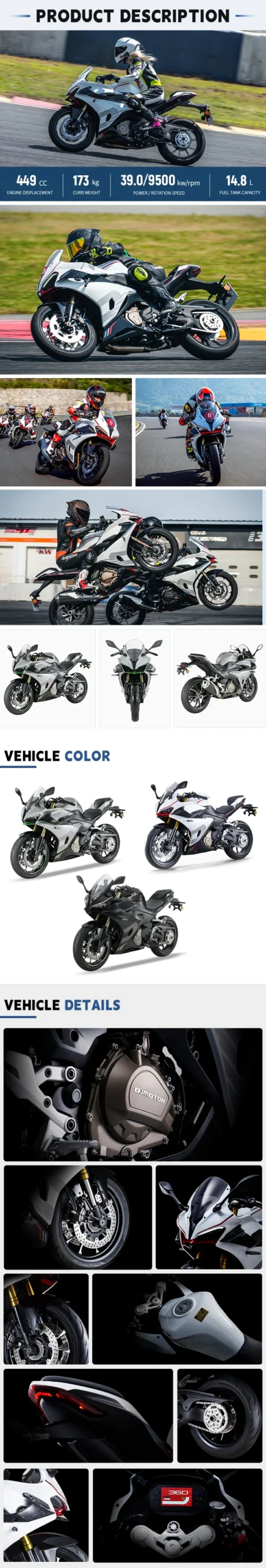 Fuel-efficient QJ Motorcycle RACE 450cc Comfort Seating Powerful Performance