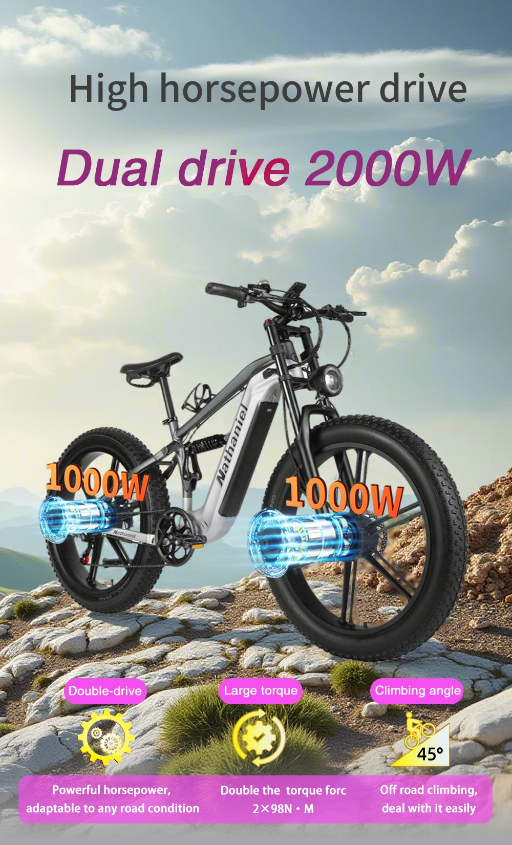 Nathaniel SYR09 E-Bike 2000W Dual Drive 26x4.0 Fat Tire 48V20AH